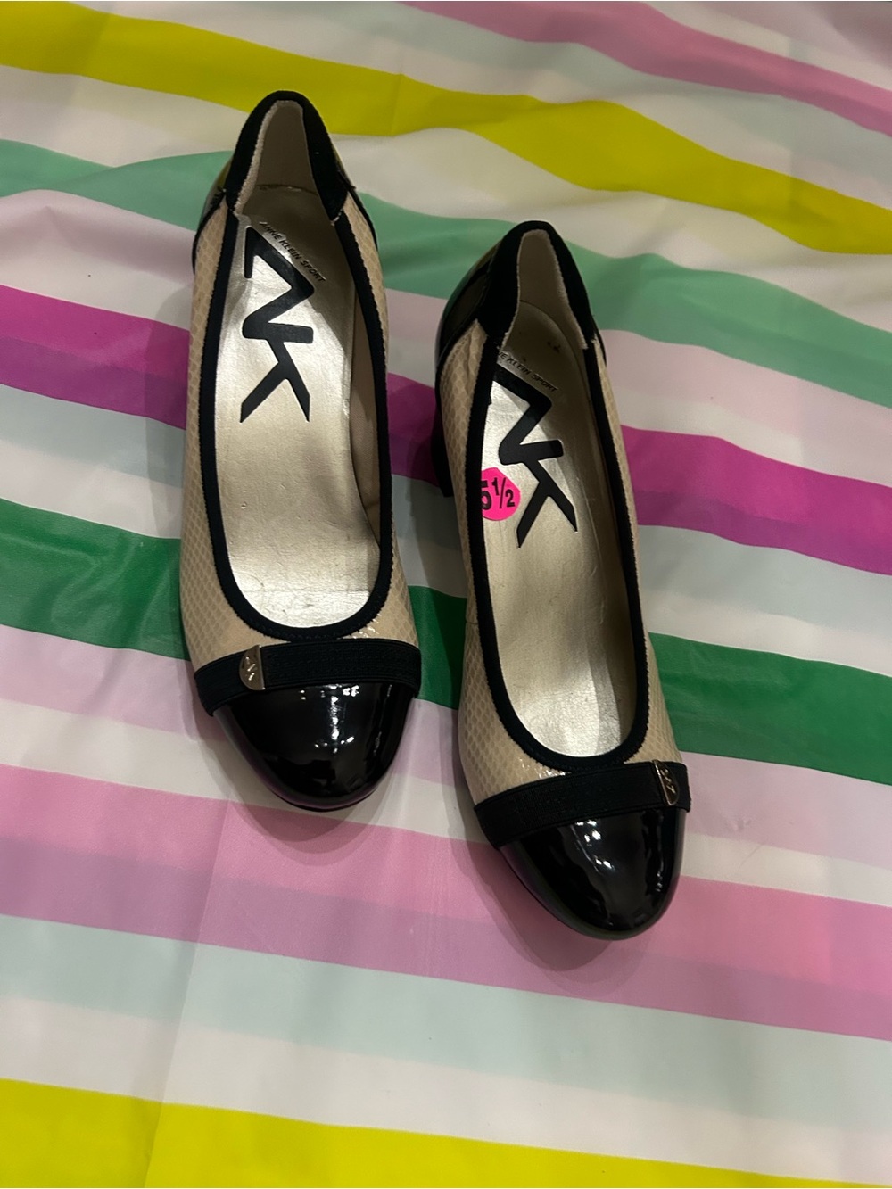 Anne Klein Beige and Black Cap-Toe Patent shoes with block heels size 5.5.